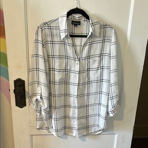 White and Black Plaid Button-Up Shirt
